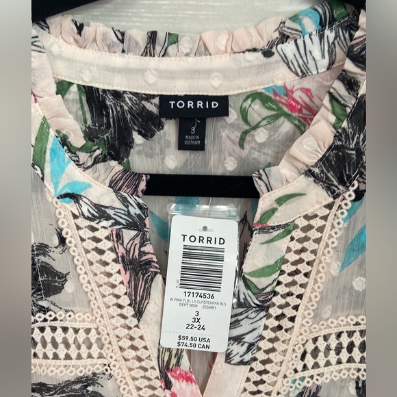 NWT TORRID Multicolor Floral Blouse with Crochet Trim - Picture 9 of 11